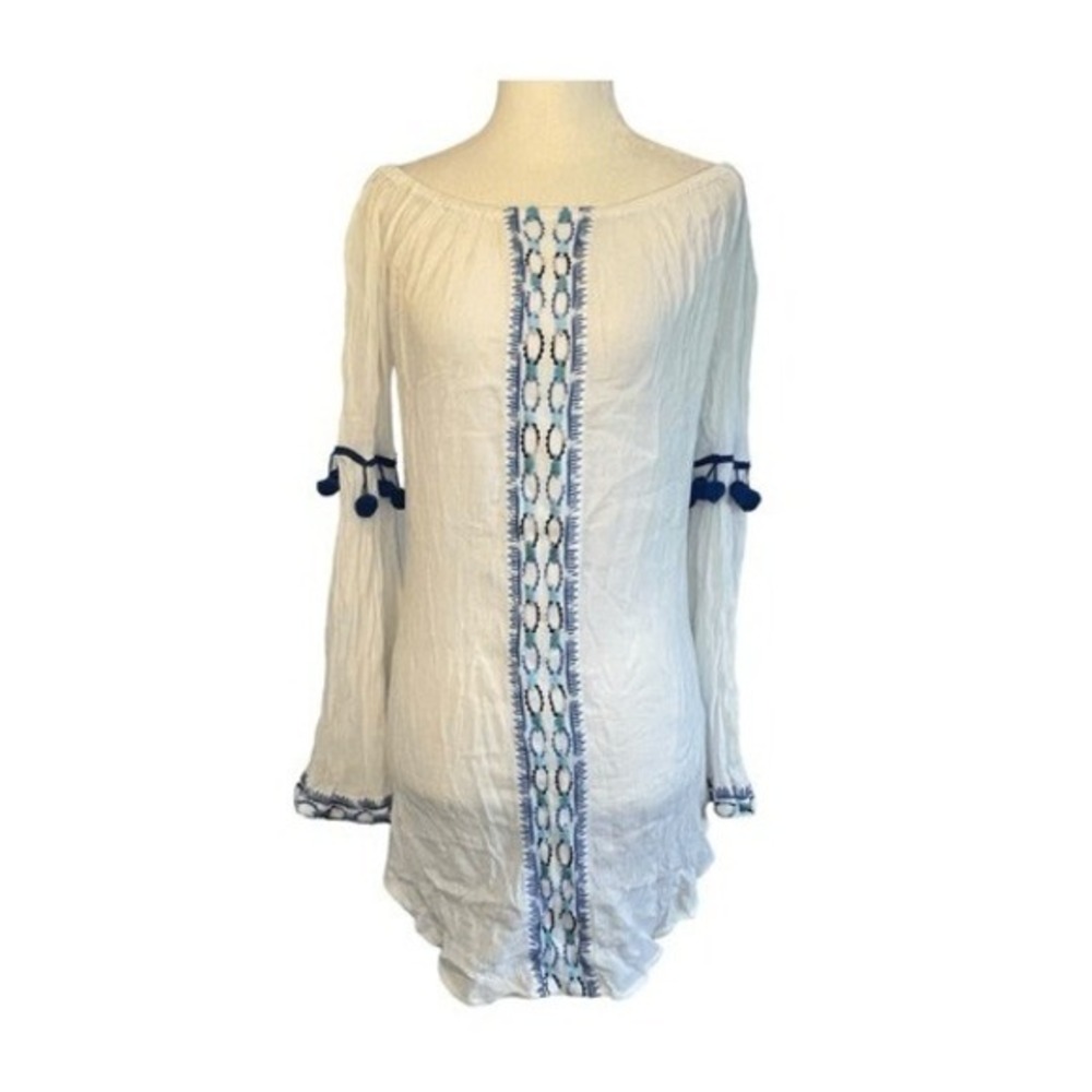 Solitaire Anthropologie Embroidered Swim Cover Up Tunic Mini Dress White Blue S‎